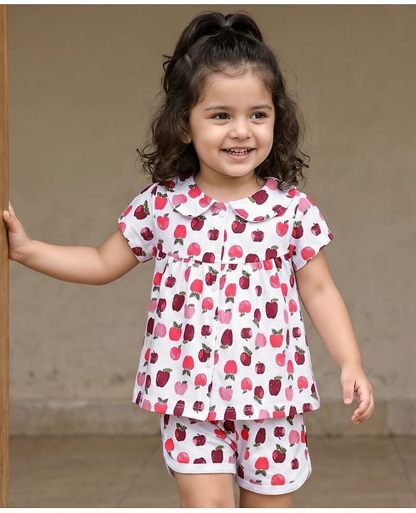 Babyhug Single Jersey Knit Half Sleeves Night Suit Apple Print - White