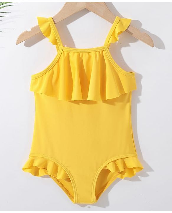 Pine Kids Sleeveless V Cut Swimsuit with Frill Detailing Solid Colour - Yellow
