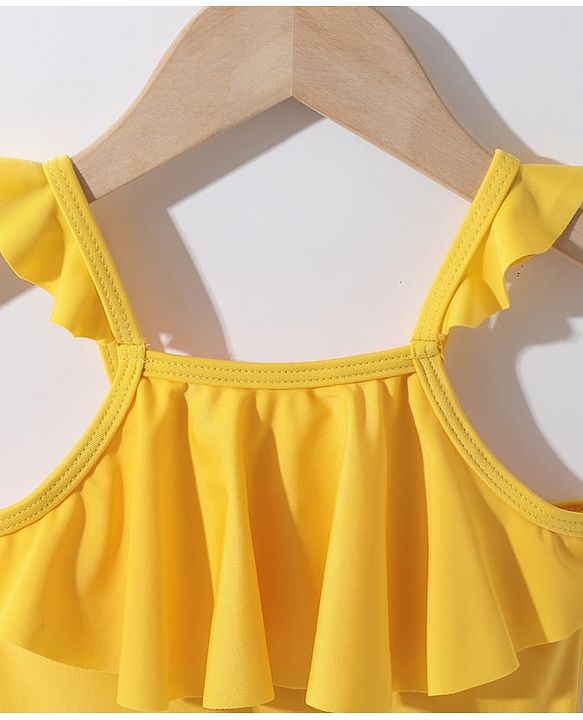 Pine Kids Sleeveless V Cut Swimsuit with Frill Detailing Solid Colour - Yellow