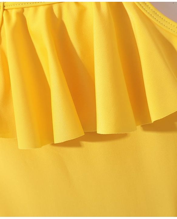 Pine Kids Sleeveless V Cut Swimsuit with Frill Detailing Solid Colour - Yellow