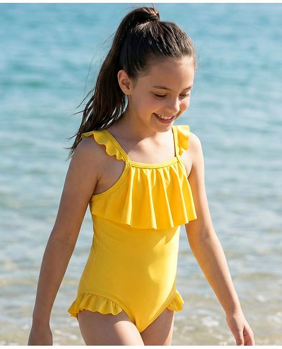 Pine Kids Sleeveless V Cut Swimsuit with Frill Detailing Solid Colour - Yellow