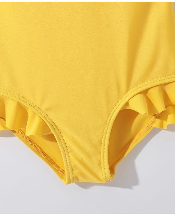 Pine Kids Sleeveless V Cut Swimsuit with Frill Detailing Solid Colour - Yellow