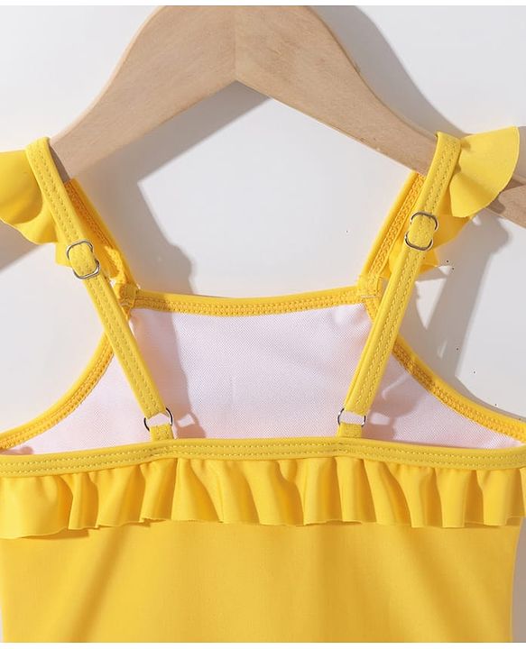 Pine Kids Sleeveless V Cut Swimsuit with Frill Detailing Solid Colour - Yellow