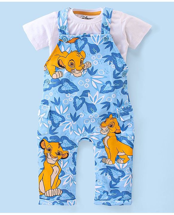 Babyhug Disney 100% Cotton Knit Single Jersey Dungaree & Half Sleeves T-Shirt With Lion King Print - White & Blue