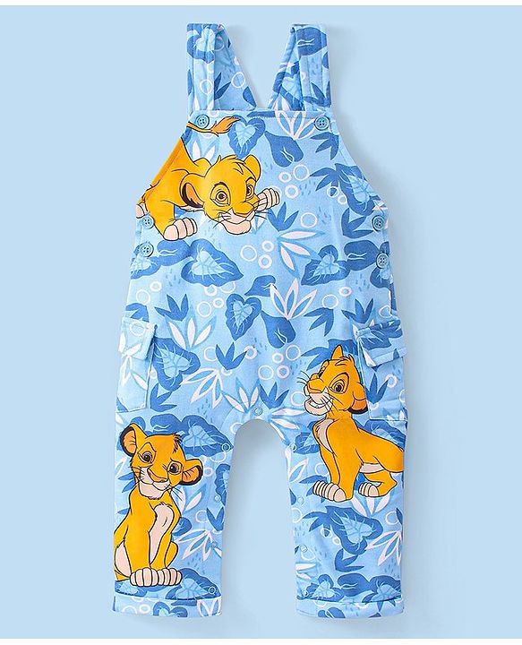 Babyhug Disney 100% Cotton Knit Single Jersey Dungaree & Half Sleeves T-Shirt With Lion King Print - White & Blue