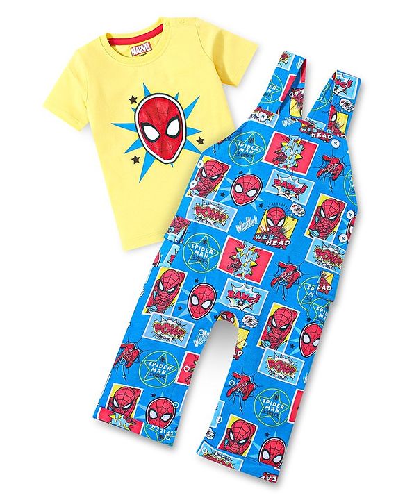 Babyhug Marvel Cotton Knit Dungaree With Half Sleeves T-Shirt & Spiderman Print - Yellow & Blue