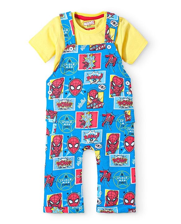 Babyhug Marvel Cotton Knit Dungaree With Half Sleeves T-Shirt & Spiderman Print - Yellow & Blue