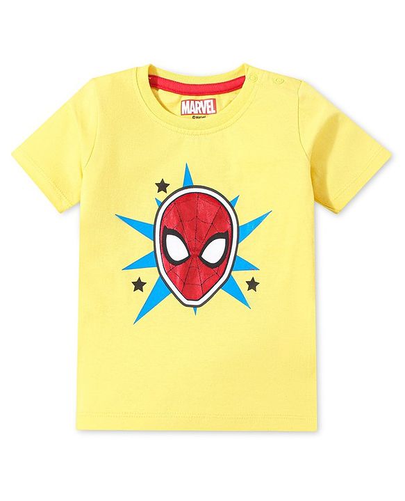 Babyhug Marvel Cotton Knit Dungaree With Half Sleeves T-Shirt & Spiderman Print - Yellow & Blue