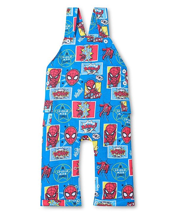 Babyhug Marvel Cotton Knit Dungaree With Half Sleeves T-Shirt & Spiderman Print - Yellow & Blue