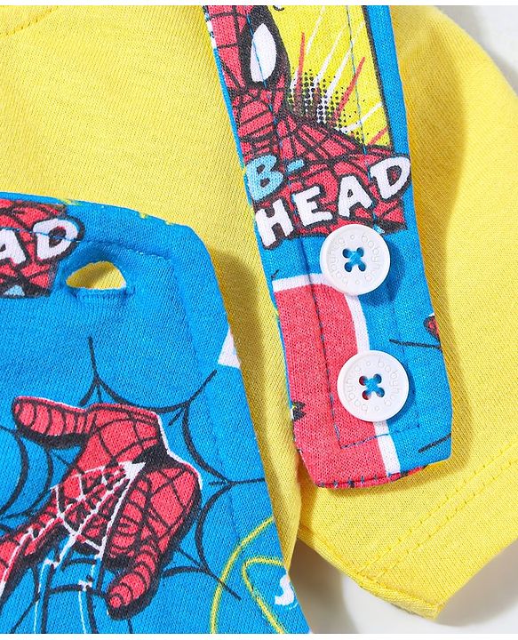 Babyhug Marvel Cotton Knit Dungaree With Half Sleeves T-Shirt & Spiderman Print - Yellow & Blue