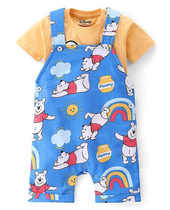 Babyhug Disney Cotton Knit Dungaree and Half Sleeves T-Shirt Set Winnie the Poo Print - Yellow & Blue