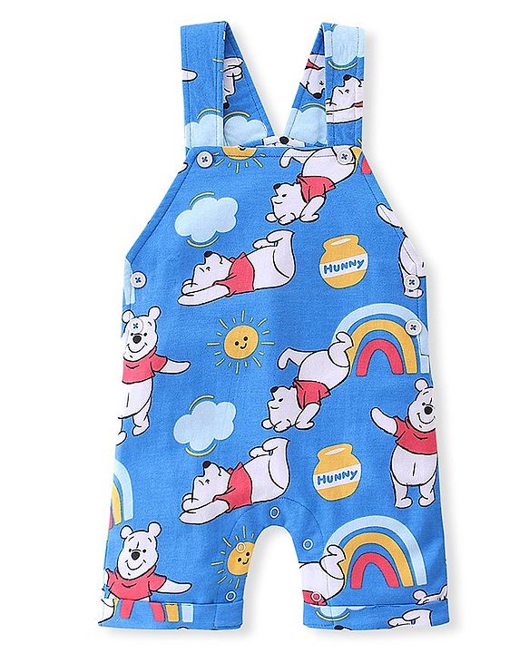 Babyhug Disney Cotton Knit Dungaree and Half Sleeves T-Shirt Set Winnie the Poo Print - Yellow & Blue