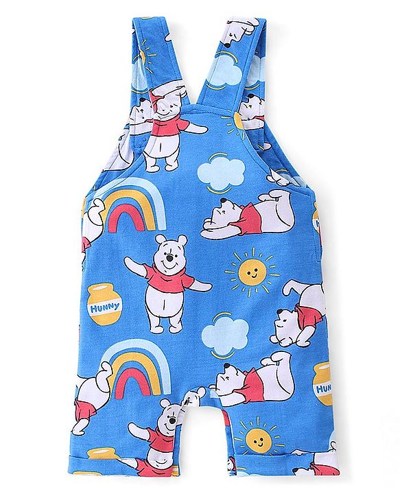 Babyhug Disney Cotton Knit Dungaree and Half Sleeves T-Shirt Set Winnie the Poo Print - Yellow & Blue