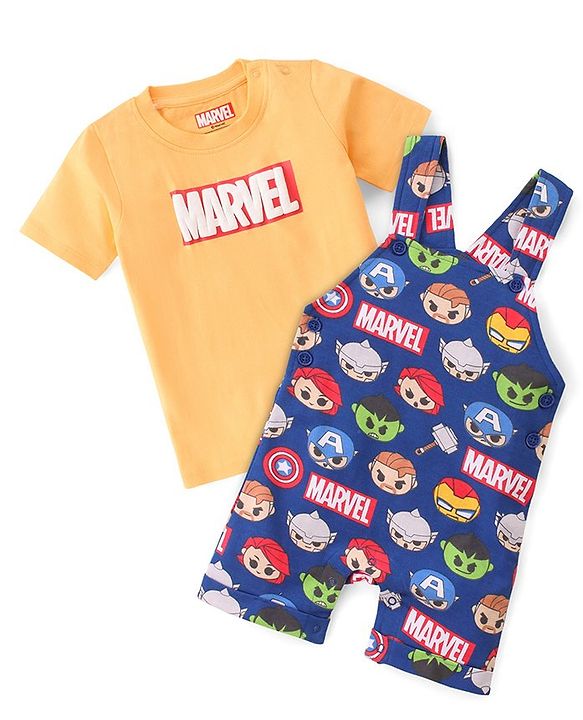 Babyhug Marvel Cotton Single Jersey Knit Dungaree With Half Sleeve Tee And Avengers Print - Yellow & Navy Blue
