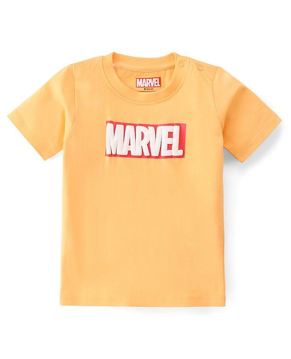 Babyhug Marvel Cotton Single Jersey Knit Dungaree With Half Sleeve Tee And Avengers Print - Yellow & Navy Blue