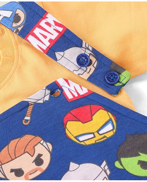 Babyhug Marvel Cotton Single Jersey Knit Dungaree With Half Sleeve Tee And Avengers Print - Yellow & Navy Blue