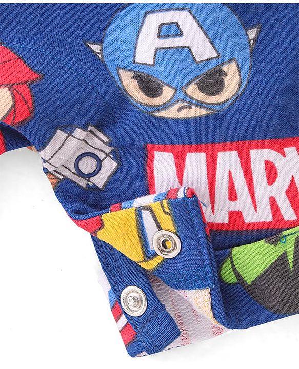 Babyhug Marvel Cotton Single Jersey Knit Dungaree With Half Sleeve Tee And Avengers Print - Yellow & Navy Blue