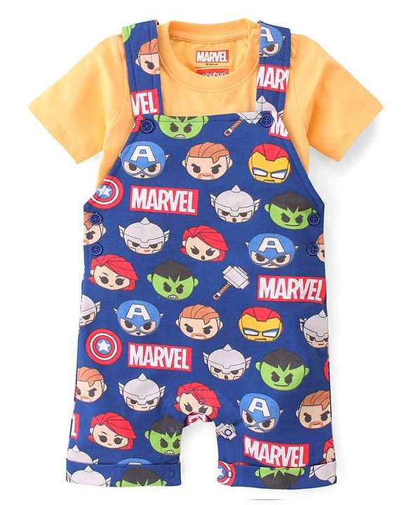 Babyhug Marvel Cotton Single Jersey Knit Dungaree With Half Sleeve Tee And Avengers Print - Yellow & Navy Blue