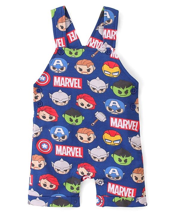 Babyhug Marvel Cotton Single Jersey Knit Dungaree With Half Sleeve Tee And Avengers Print - Yellow & Navy Blue