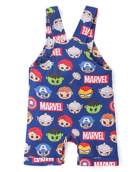 Babyhug Marvel Cotton Single Jersey Knit Dungaree With Half Sleeve Tee And Avengers Print - Yellow & Navy Blue