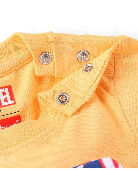 Babyhug Marvel Cotton Single Jersey Knit Dungaree With Half Sleeve Tee And Avengers Print - Yellow & Navy Blue