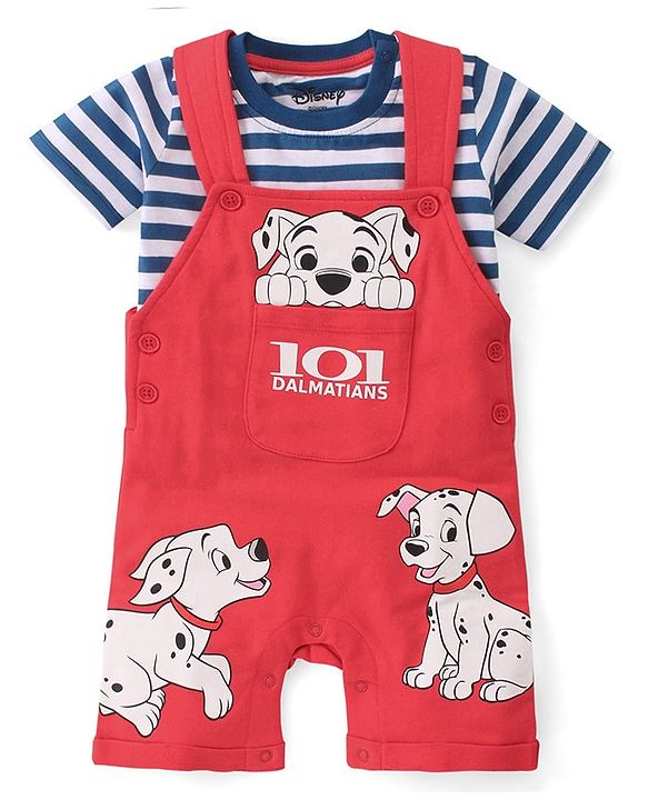 Babyhug Disney Cotton Single Jersey Knit Dungaree With Half Sleeves Tee And 101 Dalmatians Graphics - Blue & Red