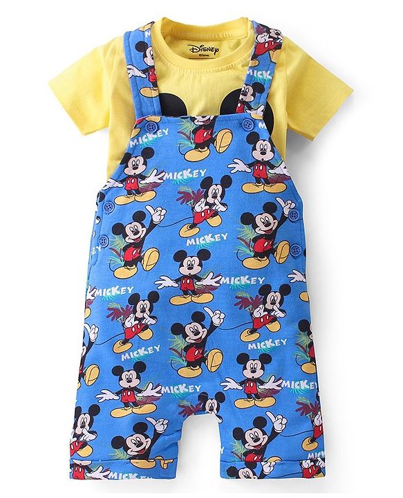 Babyhug Disney Single Jersey Knit  Dungaree with Half Sleeve T-Shirt  & Mickey Mouse  Print - Yellow & Blue