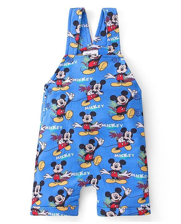 Babyhug Disney Single Jersey Knit  Dungaree with Half Sleeve T-Shirt  & Mickey Mouse  Print - Yellow & Blue
