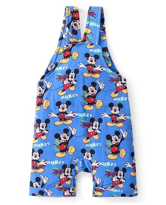 Babyhug Disney Single Jersey Knit  Dungaree with Half Sleeve T-Shirt  & Mickey Mouse  Print - Yellow & Blue
