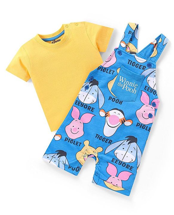 Babyhug Disney Single Jersey Knit Dungaree With Half Sleeves T-Shirt Winnie The Pooh Print - Blue & Yellow