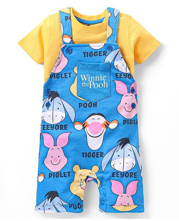 Babyhug Disney Single Jersey Knit Dungaree With Half Sleeves T-Shirt Winnie The Pooh Print - Blue & Yellow