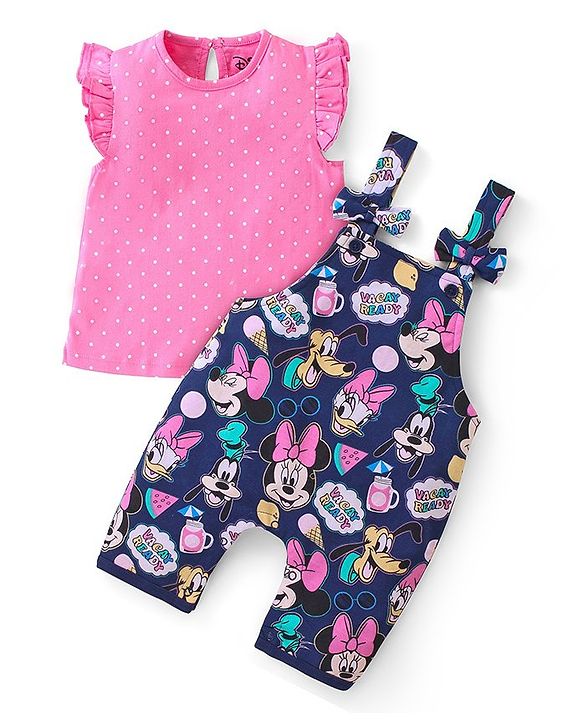 Babyhug Disney Single Jersey Knit  Dungaree with Frill Sleeve T-Shirt with Frill Detailing & Minnie Mouse Family  Print - Navy Blue & Pink