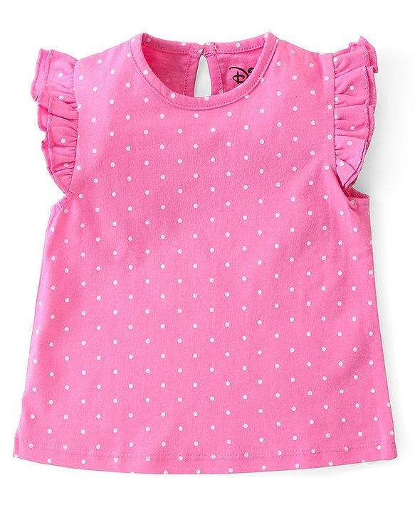 Babyhug Disney Single Jersey Knit  Dungaree with Frill Sleeve T-Shirt with Frill Detailing & Minnie Mouse Family  Print - Navy Blue & Pink