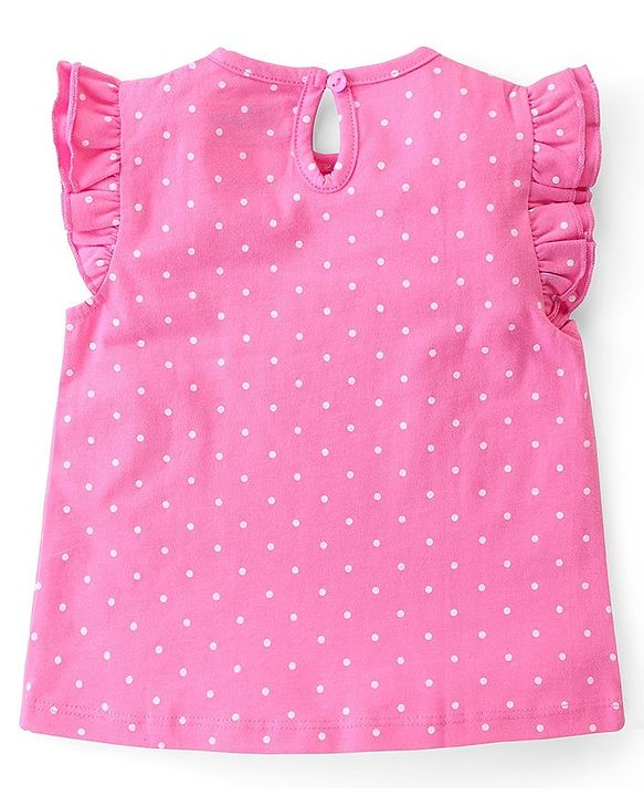 Babyhug Disney Single Jersey Knit  Dungaree with Frill Sleeve T-Shirt with Frill Detailing & Minnie Mouse Family  Print - Navy Blue & Pink