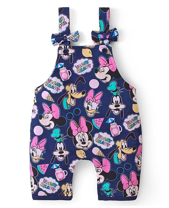 Babyhug Disney Single Jersey Knit  Dungaree with Frill Sleeve T-Shirt with Frill Detailing & Minnie Mouse Family  Print - Navy Blue & Pink