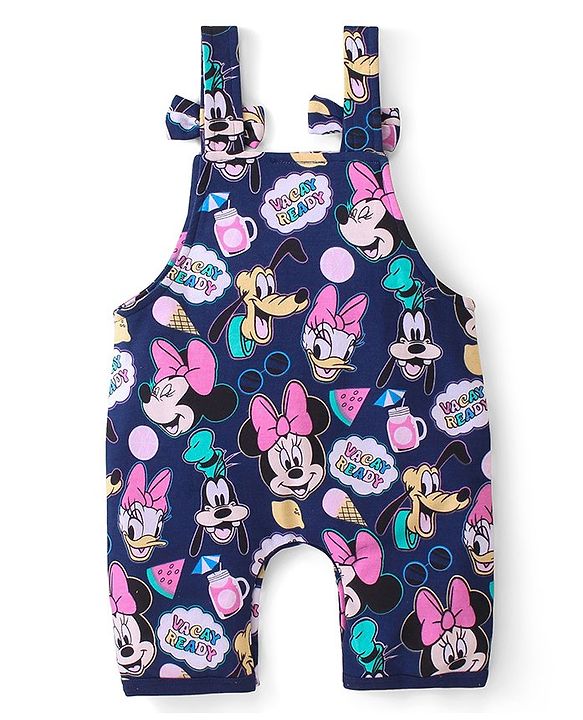 Babyhug Disney Single Jersey Knit  Dungaree with Frill Sleeve T-Shirt with Frill Detailing & Minnie Mouse Family  Print - Navy Blue & Pink