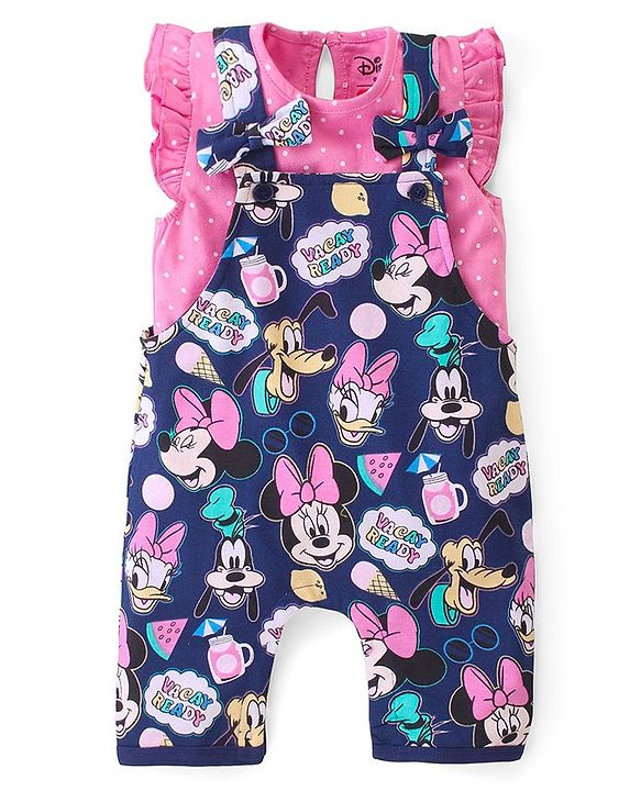 Babyhug Disney Single Jersey Knit  Dungaree with Frill Sleeve T-Shirt with Frill Detailing & Minnie Mouse Family  Print - Navy Blue & Pink