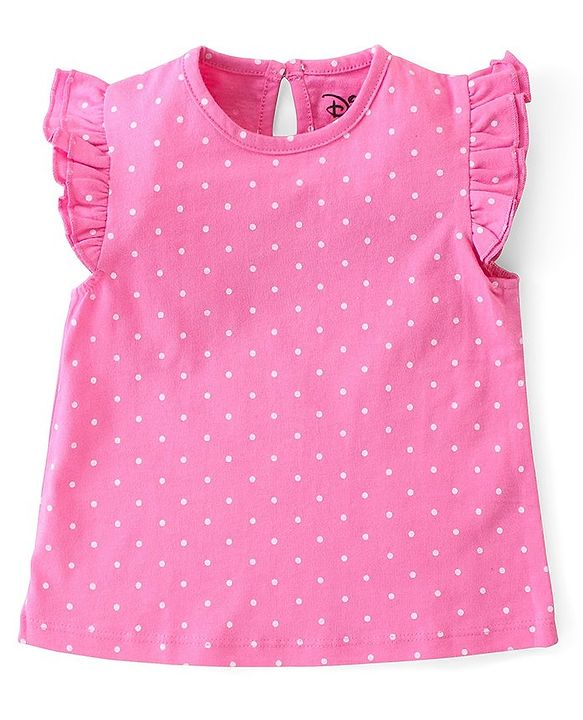 Babyhug Disney Single Jersey Knit  Dungaree with Frill Sleeve T-Shirt with Frill Detailing & Minnie Mouse Family  Print - Navy Blue & Pink