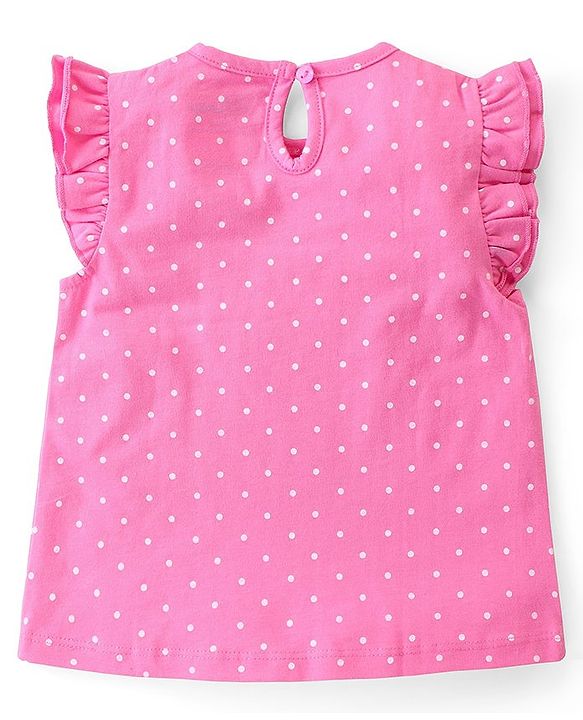 Babyhug Disney Single Jersey Knit  Dungaree with Frill Sleeve T-Shirt with Frill Detailing & Minnie Mouse Family  Print - Navy Blue & Pink