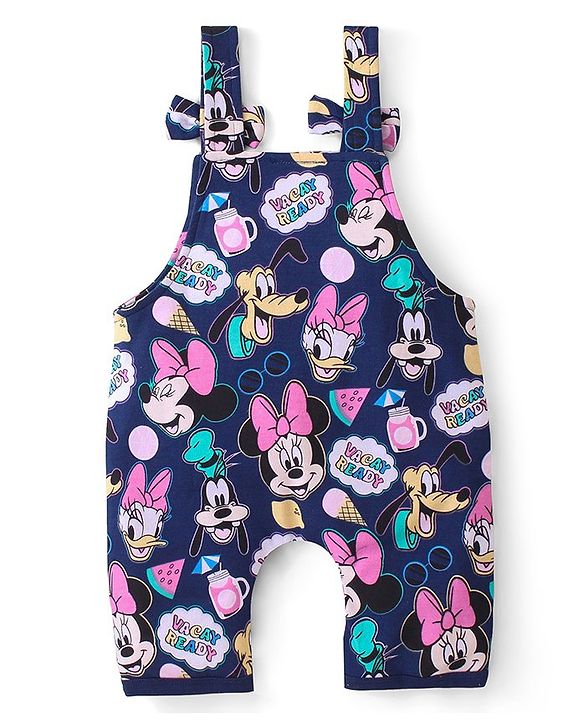 Babyhug Disney Single Jersey Knit  Dungaree with Frill Sleeve T-Shirt with Frill Detailing & Minnie Mouse Family  Print - Navy Blue & Pink