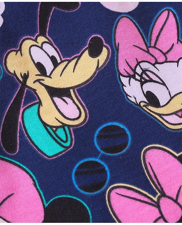 Babyhug Disney Single Jersey Knit  Dungaree with Frill Sleeve T-Shirt with Frill Detailing & Minnie Mouse Family  Print - Navy Blue & Pink