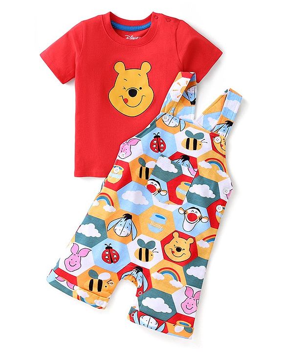 Babyhug Disney Cotton Knit Single Jersey Dungaree & Half Sleeve T-Shirt with Winnie the Pooh Print - Red