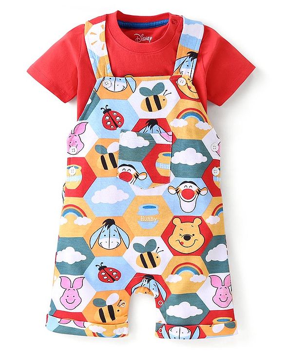 Babyhug Disney Cotton Knit Single Jersey Dungaree & Half Sleeve T-Shirt with Winnie the Pooh Print - Red