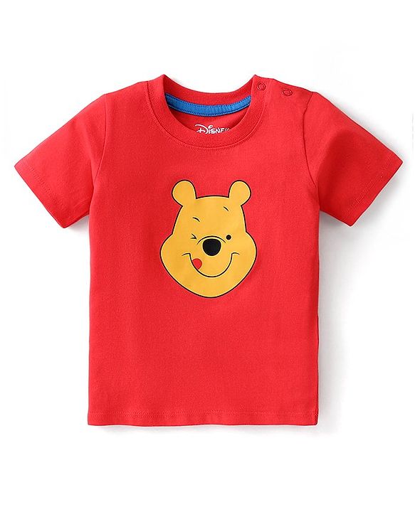 Babyhug Disney Cotton Knit Single Jersey Dungaree & Half Sleeve T-Shirt with Winnie the Pooh Print - Red