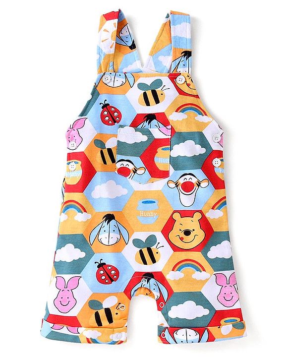 Babyhug Disney Cotton Knit Single Jersey Dungaree & Half Sleeve T-Shirt with Winnie the Pooh Print - Red