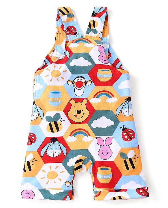 Babyhug Disney Cotton Knit Single Jersey Dungaree & Half Sleeve T-Shirt with Winnie the Pooh Print - Red
