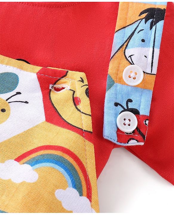 Babyhug Disney Cotton Knit Single Jersey Dungaree & Half Sleeve T-Shirt with Winnie the Pooh Print - Red