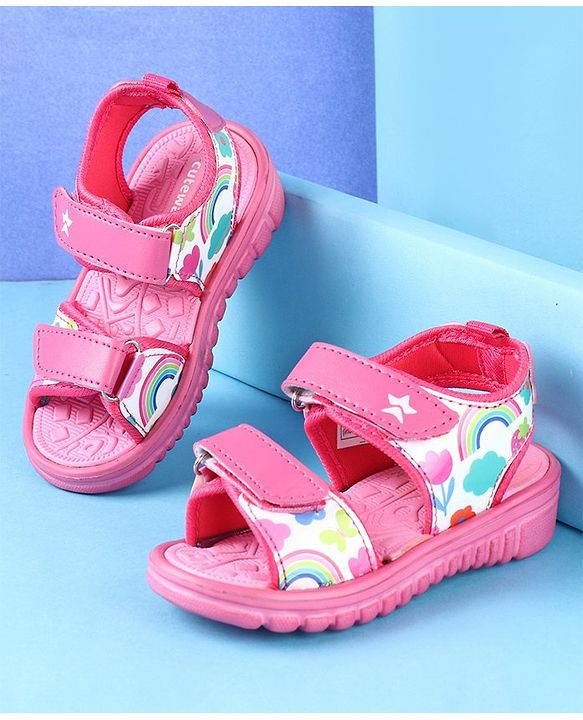 Cute Walk by Babyhug Sandals with Velcro Closure Rainbow Print - Pink