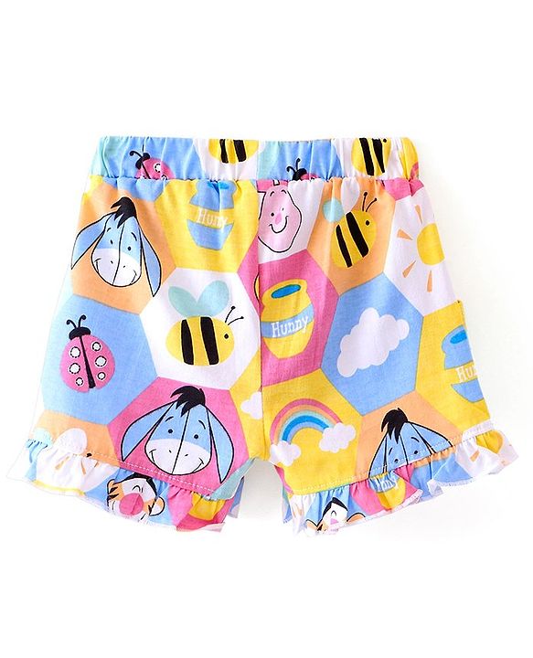 Babyhug Disney Cotton Knit Shorts with Winnie the Pooh Print & Bow Applique - Multicolour