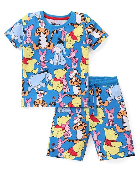 Babyhug Disney Cotton Knit Single Jersey Half Sleeve Night Suit With Winnie The Pooh Print - Blue